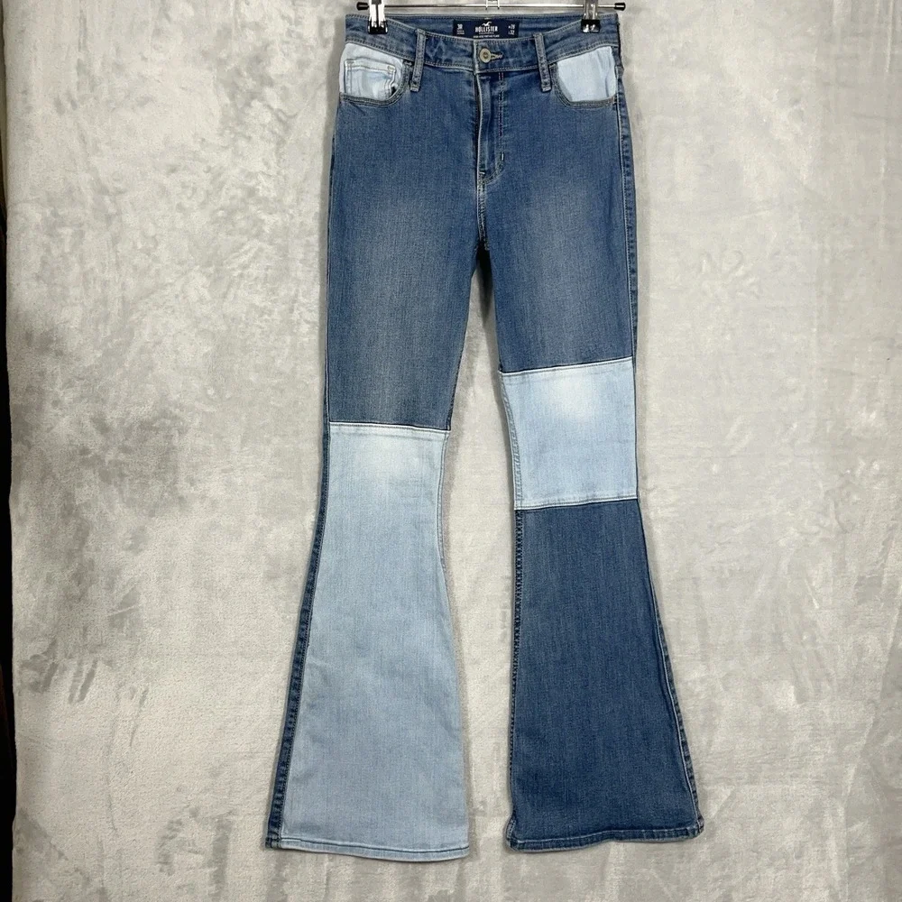 Hollister‎ High Rise Vintage Flare Jeans Stretch Y2K Retro Patch Multi Panel 3R